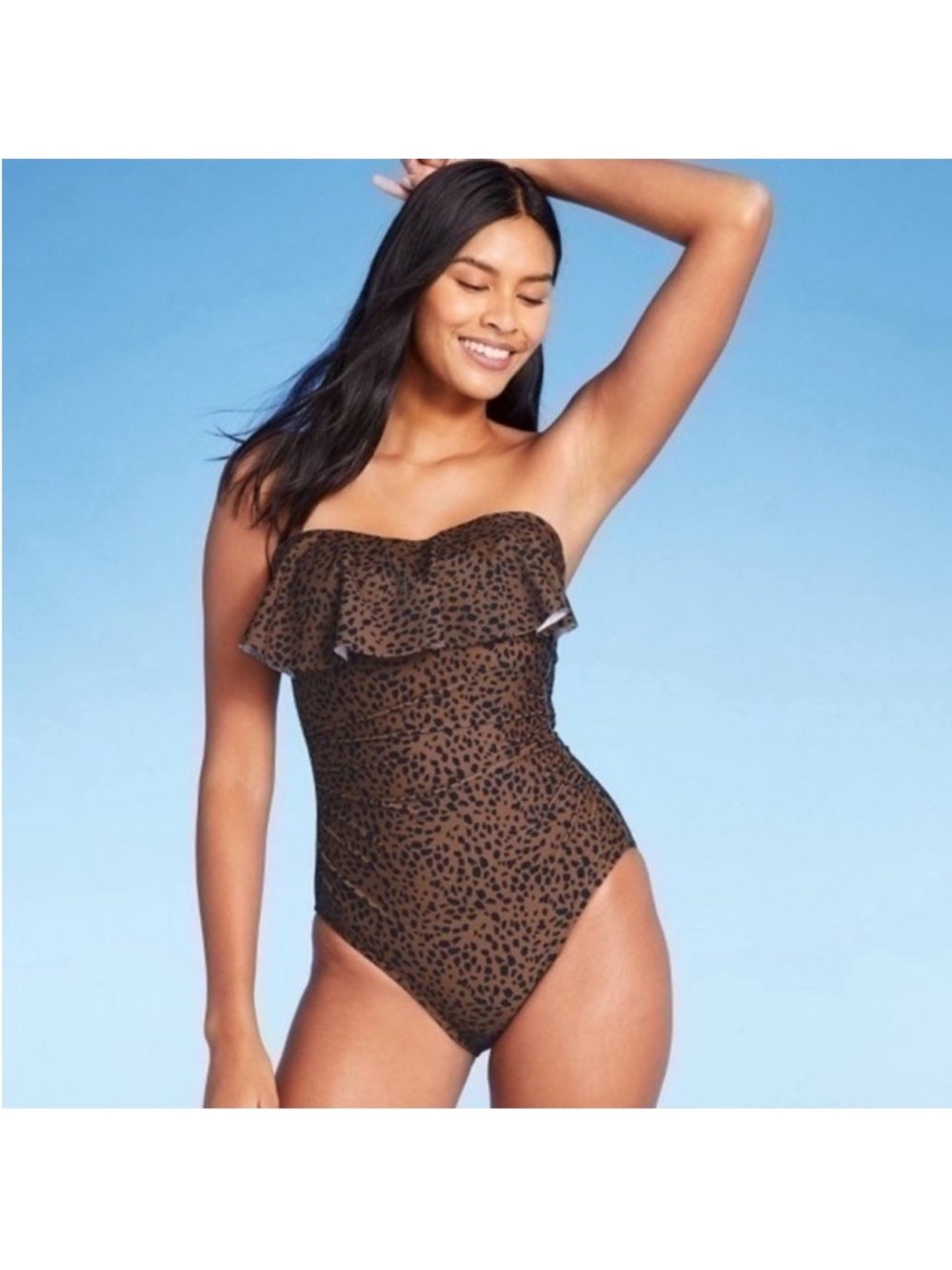 Kona Sol Bandeau Flounce Full Coverage One Piece Swimsuit in Animal Print